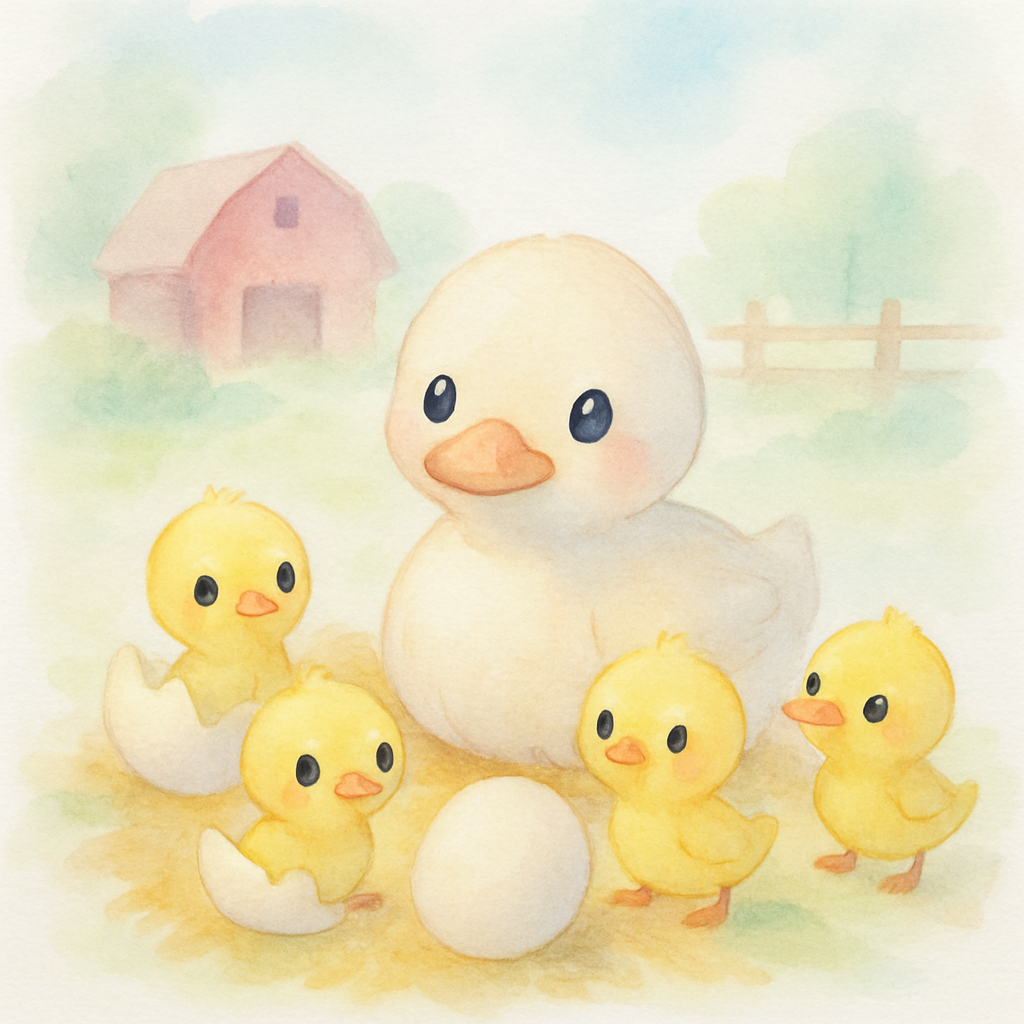 농장에서 오리 엄마가 알을 품고 있고, 노란 아기 오리들이 알에서 깨어나는 장면